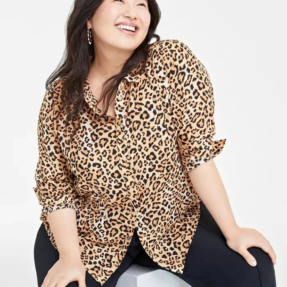 On 34th Created for Macy's Leopard Print Button-Front Crepe Shirt in Size 3X